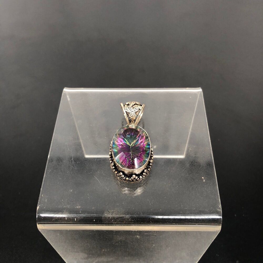 Vintage Mystic Topaz Pendant Sterling Silver Oval Gemstone Necklace